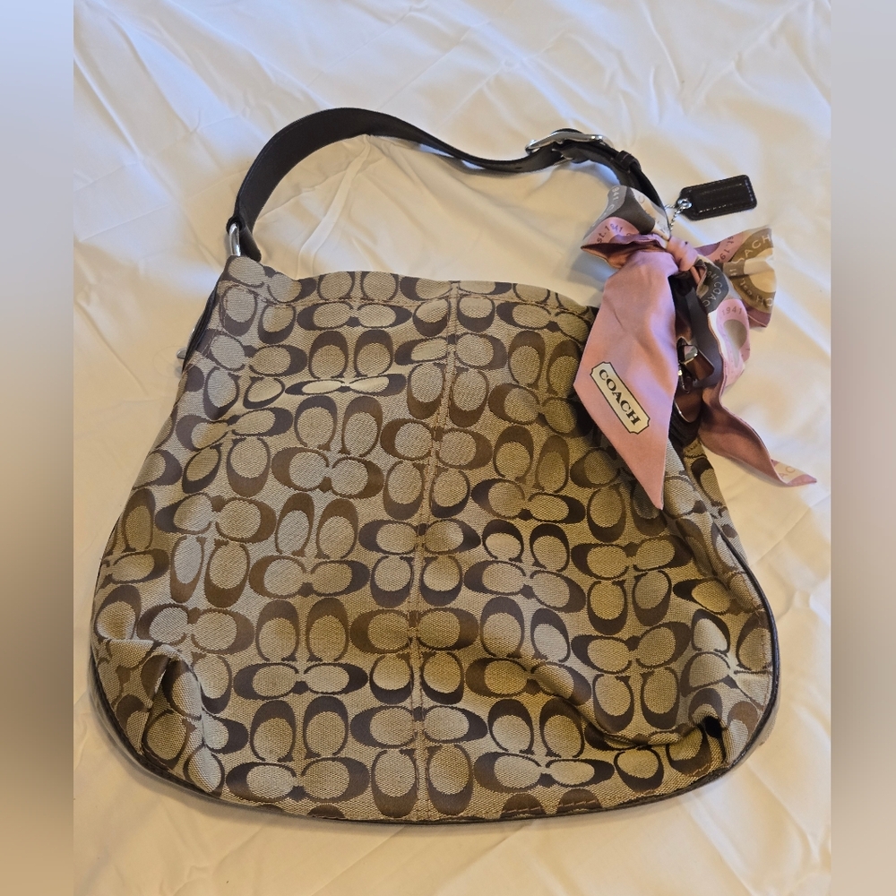 Coach Brown and Cream Signature Shoulder Bag with Pink Accent